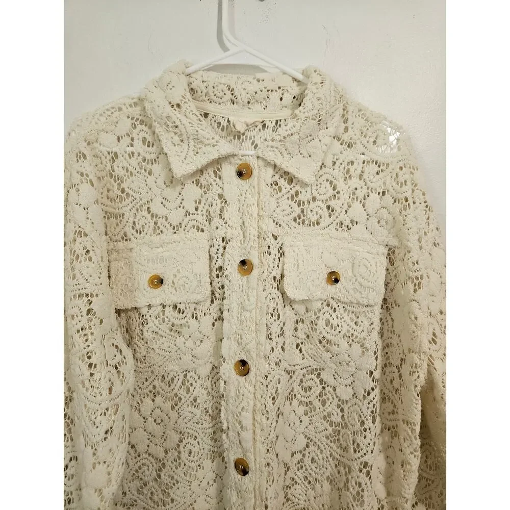 Bibi Oversized Cream Lace Button Down Shacket Size Small Front Pockets Collar - Picture 6 of 10